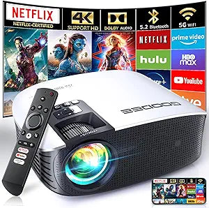 GooDee Smart 4K Projector with 5G WIFI and Bluetooth, Netflix/Amazn Prime Video Certified, Dolby Audio, 800ANSI Outdoor Projector, 400" Zoom Home Theater Projector Compatible with TV Stick,iOS,Android